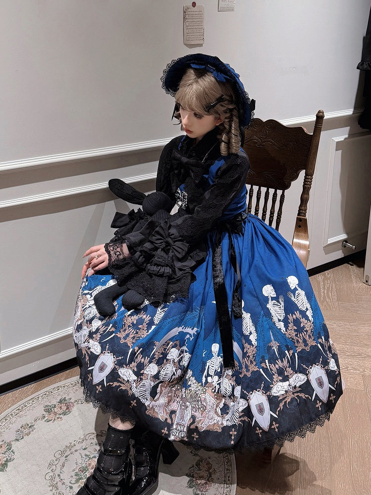 Blue Square Neck Skeleton Cross Gothic JSK Dress - NnSTAR