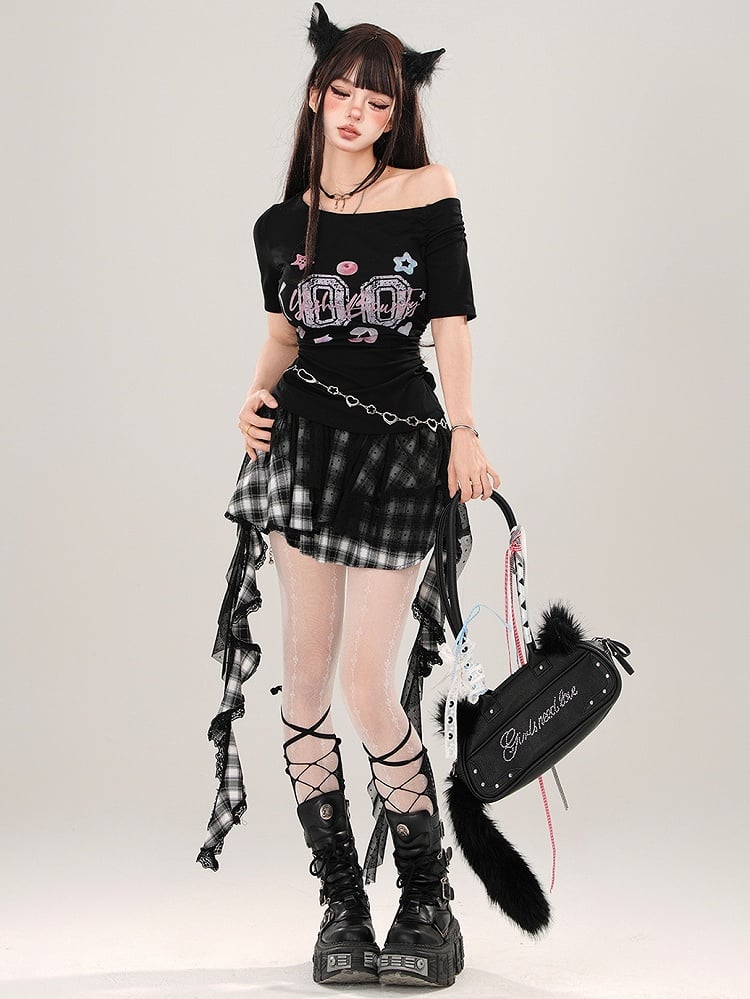 ブラック/ホワイト ルーシュウエスト アシンメトリーネックライン スリムフィット グラフィックTシャツ