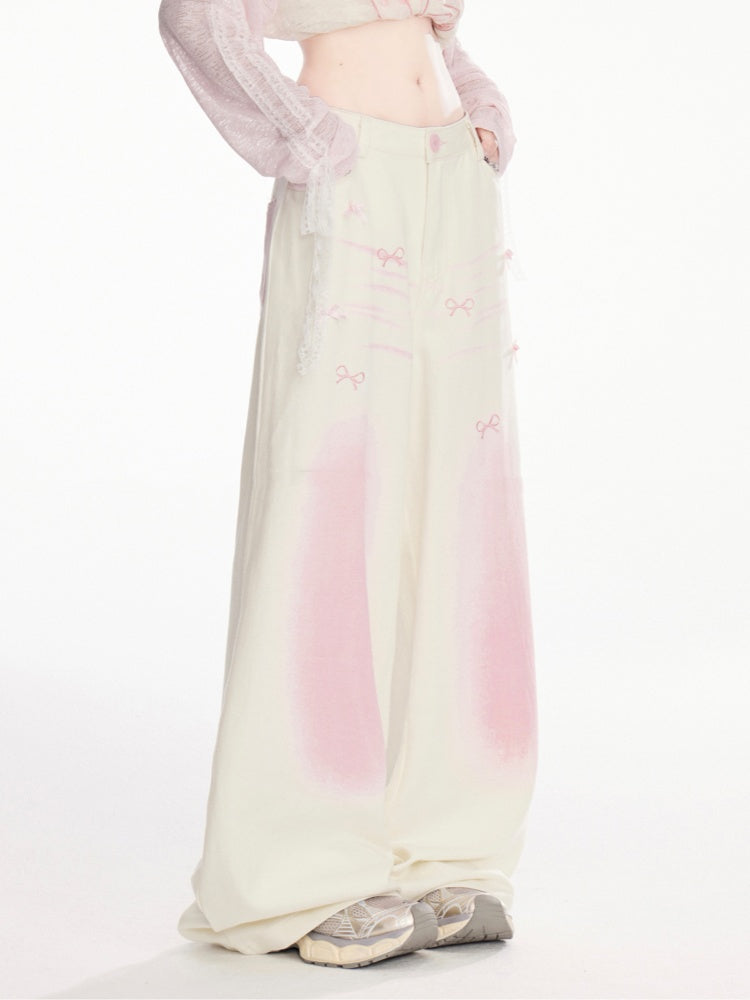 Bowknots Print Wide-Leg Pants Waist and Pink Ombre Low Apricot