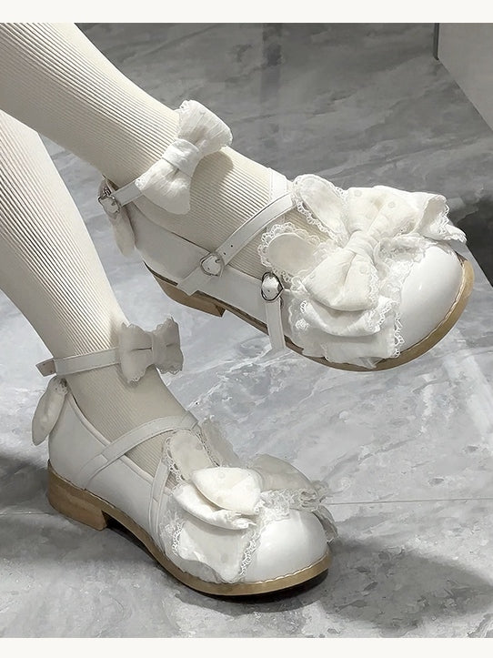 Low/Mid-heel Ear Adjustable Comfortable White Bow Crisscross Design with at Mary Bunny Janes Top