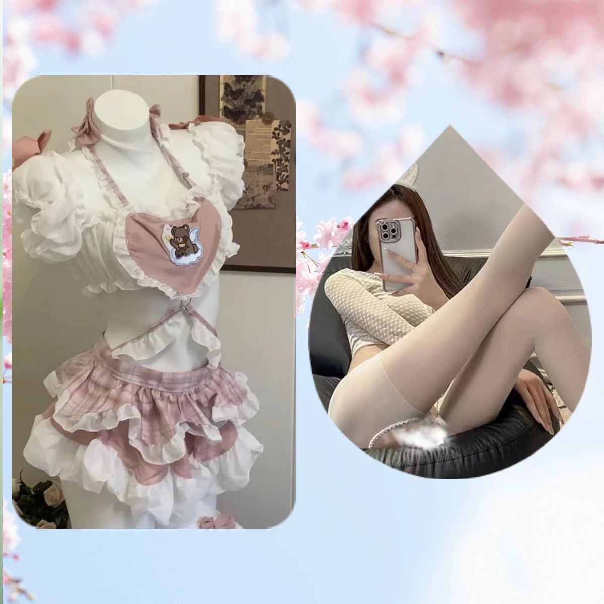 Pink Bear Heart Maid Costume Set - Cute Ruffle Sleepwear