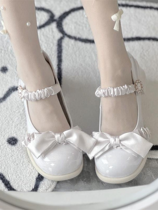 Leather - with Bead Off-white PU Mid Fastener Sweet Round Toe Heels Ornate Lolita