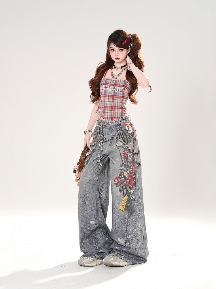 セルフタイネックバック、バックレストップ、リボン、レッドチェック柄ホルターネック