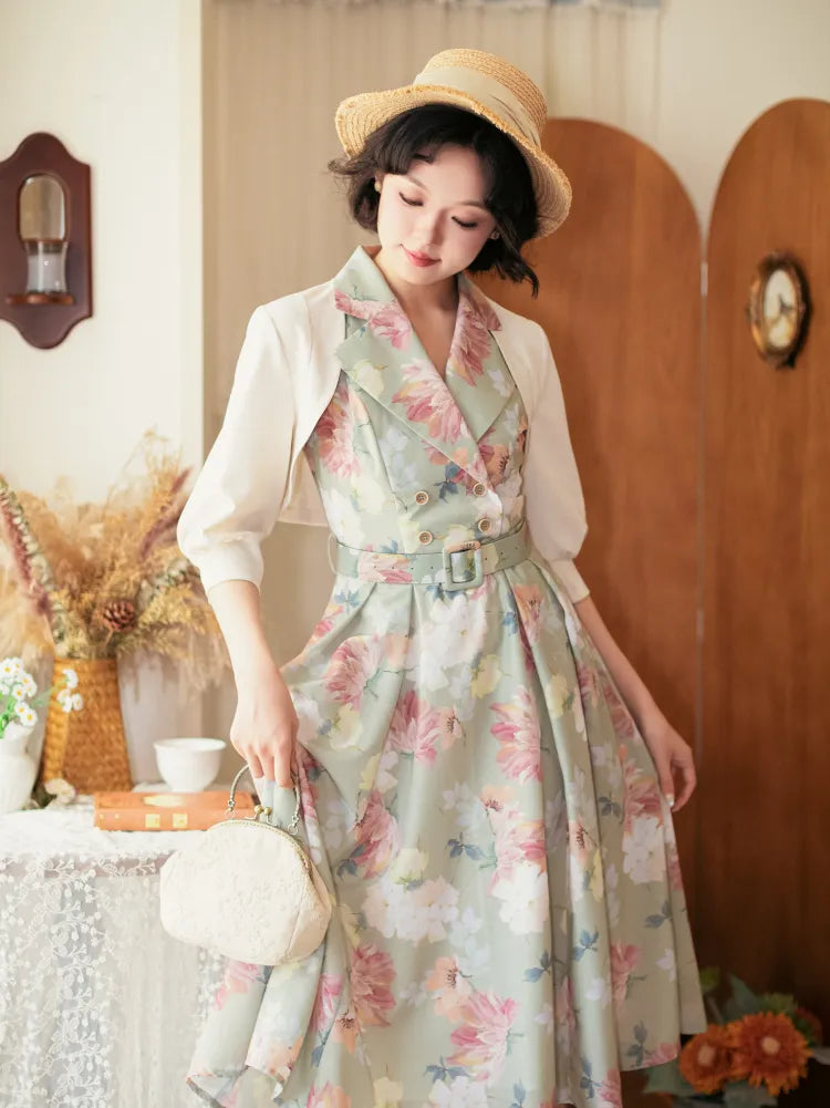 ファッションフローラルドレスブレザーレトロプリントカラーグリーン夏1950年代