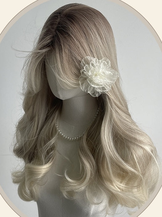 Weiß-Blonde Ombre Lange gewellte Kunsthaarperücke mit Vorhangpony