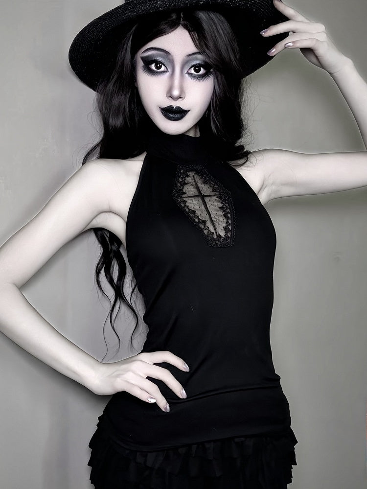with Gothic Halter Cut-Out Black Embroidery Cross Vest Coffin