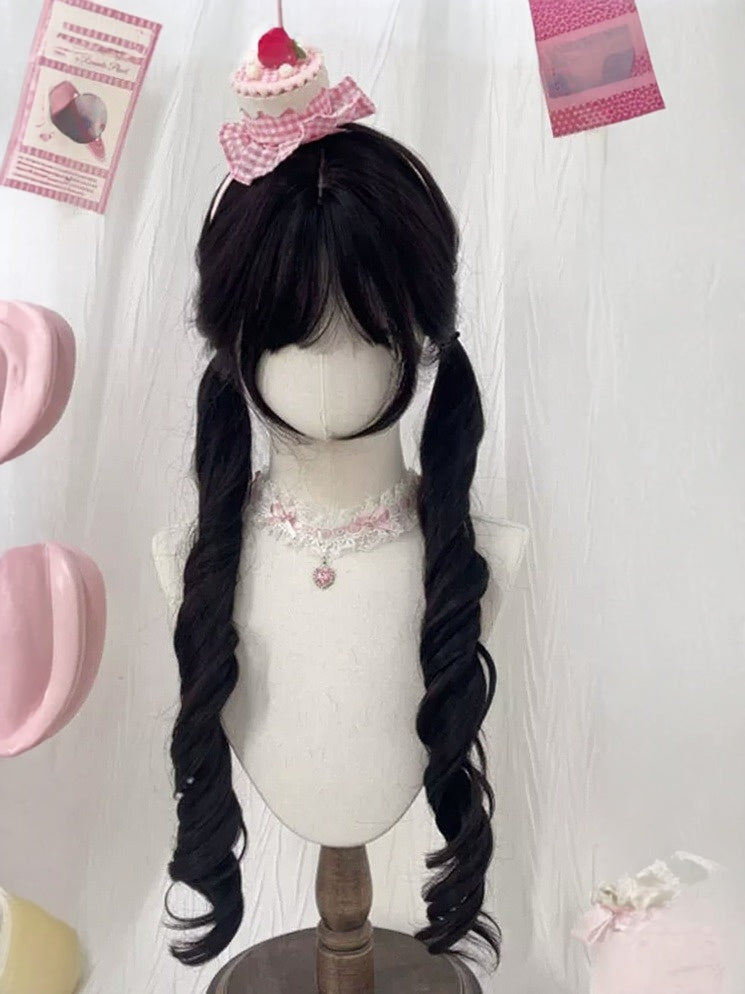 Curly Black Tea Wig with Full Bangs and Twin Tails - Meow Island Wig