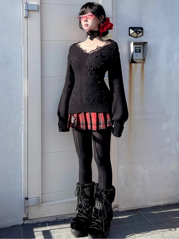 ゴシックレッドクロスチャームチェック柄ウールプリーツミニスカート