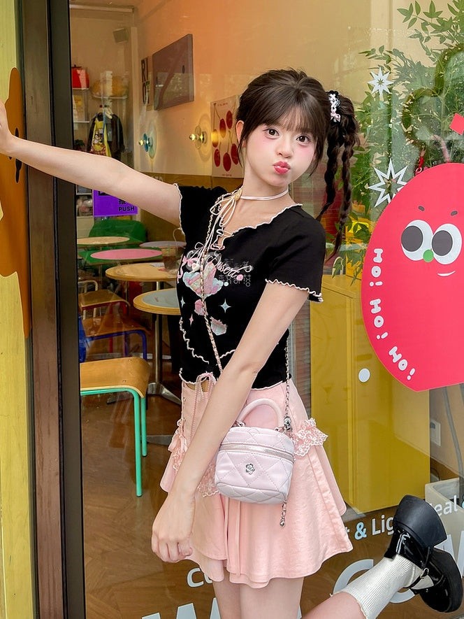 Neckline Black Cake Print Lettuce Hem Hem Pin Bow Big Details Sweet T-Shirt