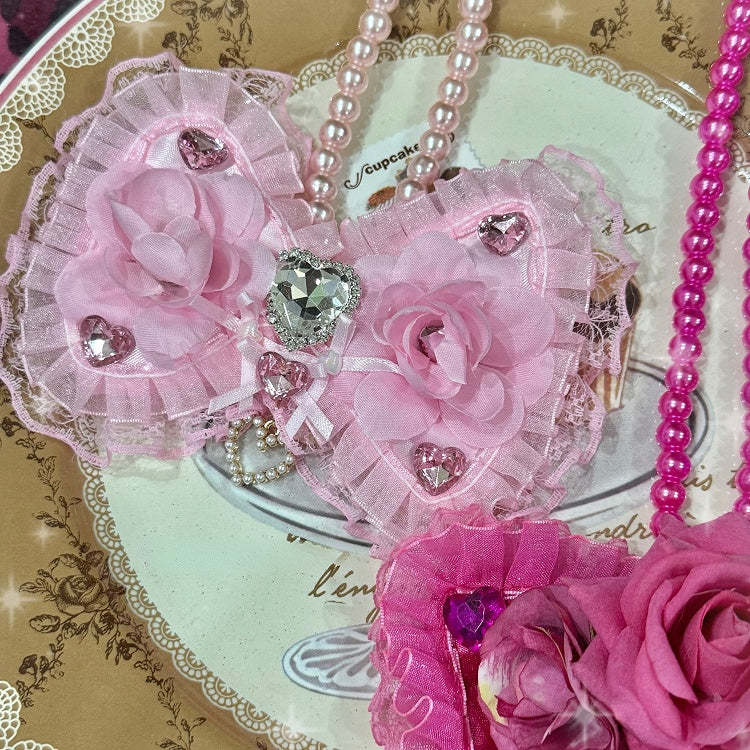 Rhinestone Pink Trim Decorated Necklace Lace Beaded Pendant Bowknot Light/Dark