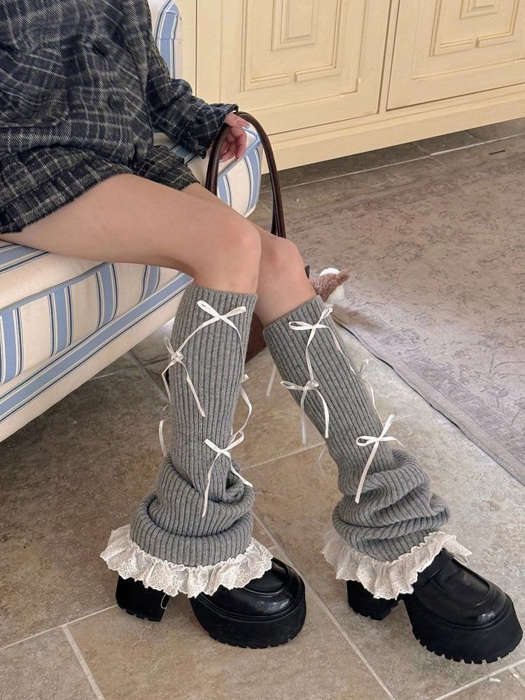 Ties Leg Bow Lace with Ribbed Warmers Trim