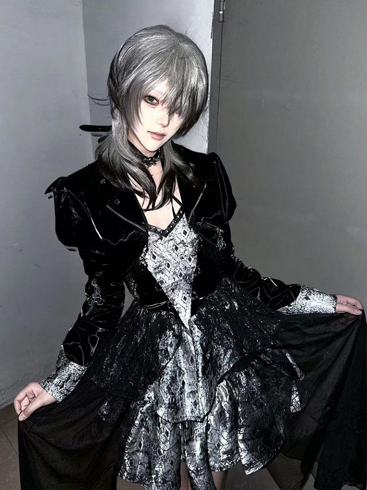 ブラック 45cm 王子前髪 オンブル ストレート グレー スタイル付き 長さウィッグ