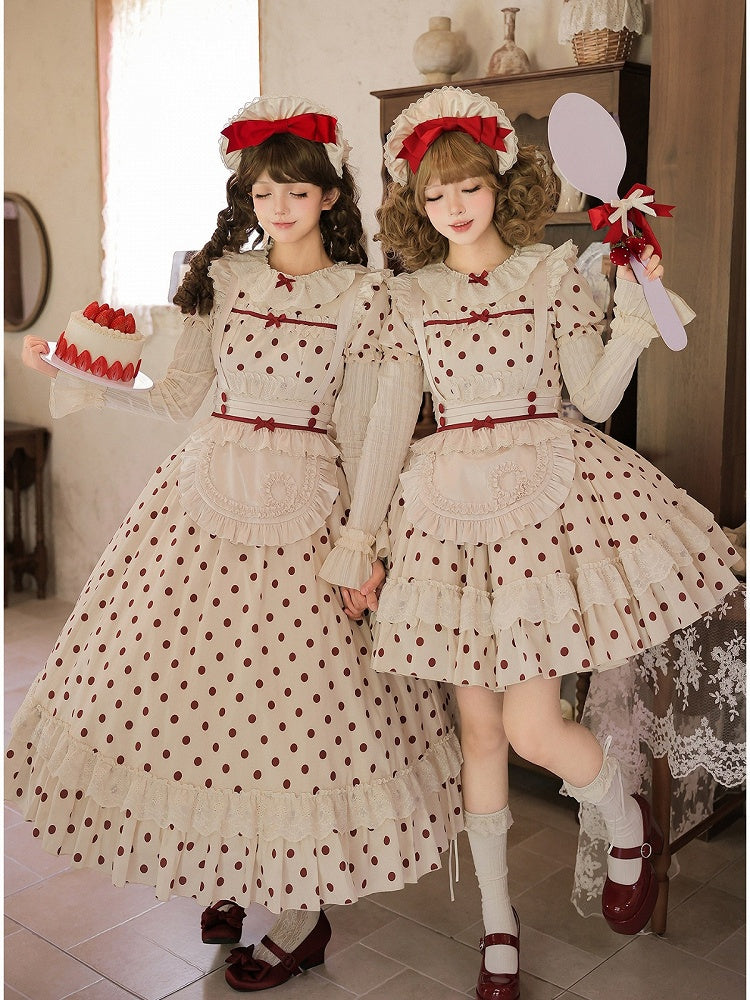 Ruffled Flutter-Sleeve Apron in Beige & Red Hues - With PUJI