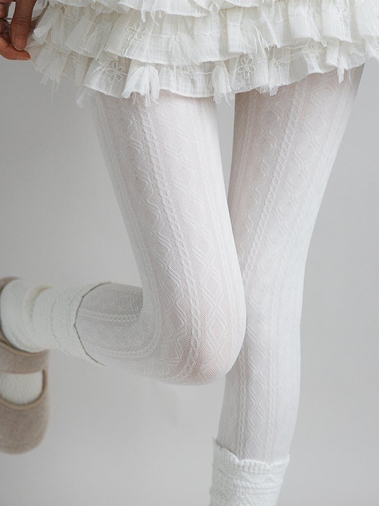 Tights Cable White Knit Diamond Milk