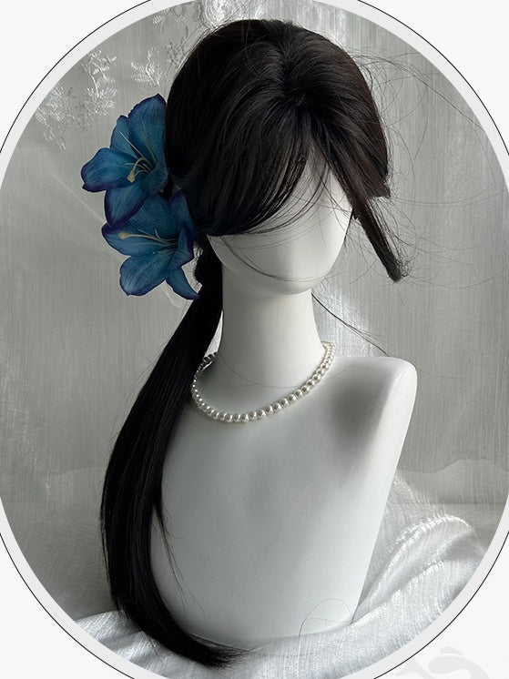 Schwarze, hüftlange, glatte Kunsthaarperücke mit Vorhangpony