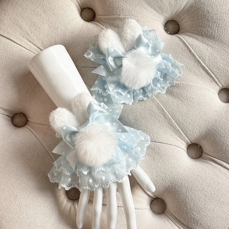 Polka Wrist Accents) Light Dot Lolita Cuffs Blue (Furry Pom-Pom