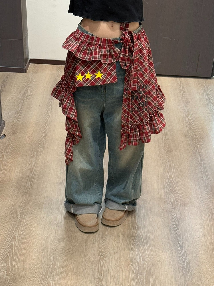 Apron Stars Red Element Skirt with Plaid Pattern Retro and