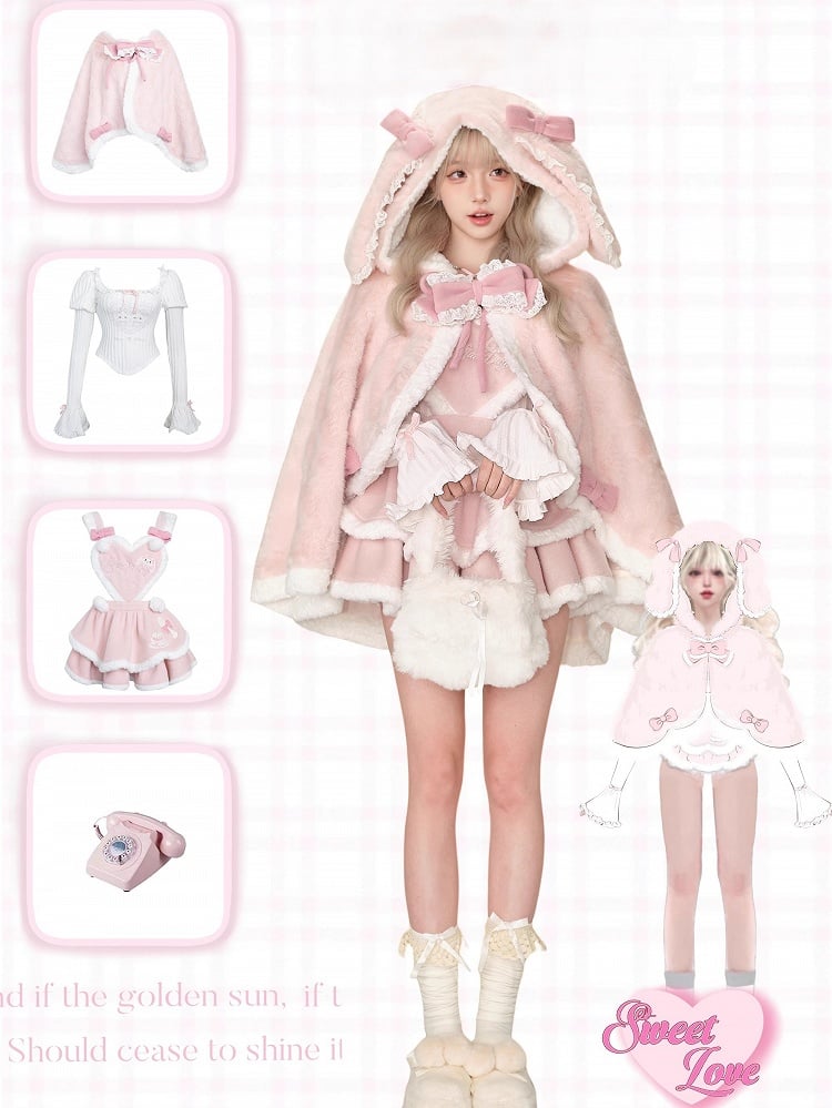 and Overall Panel Embroidered Pink Bunny with Sweet Skirt Fluffy Heart Tiered Front