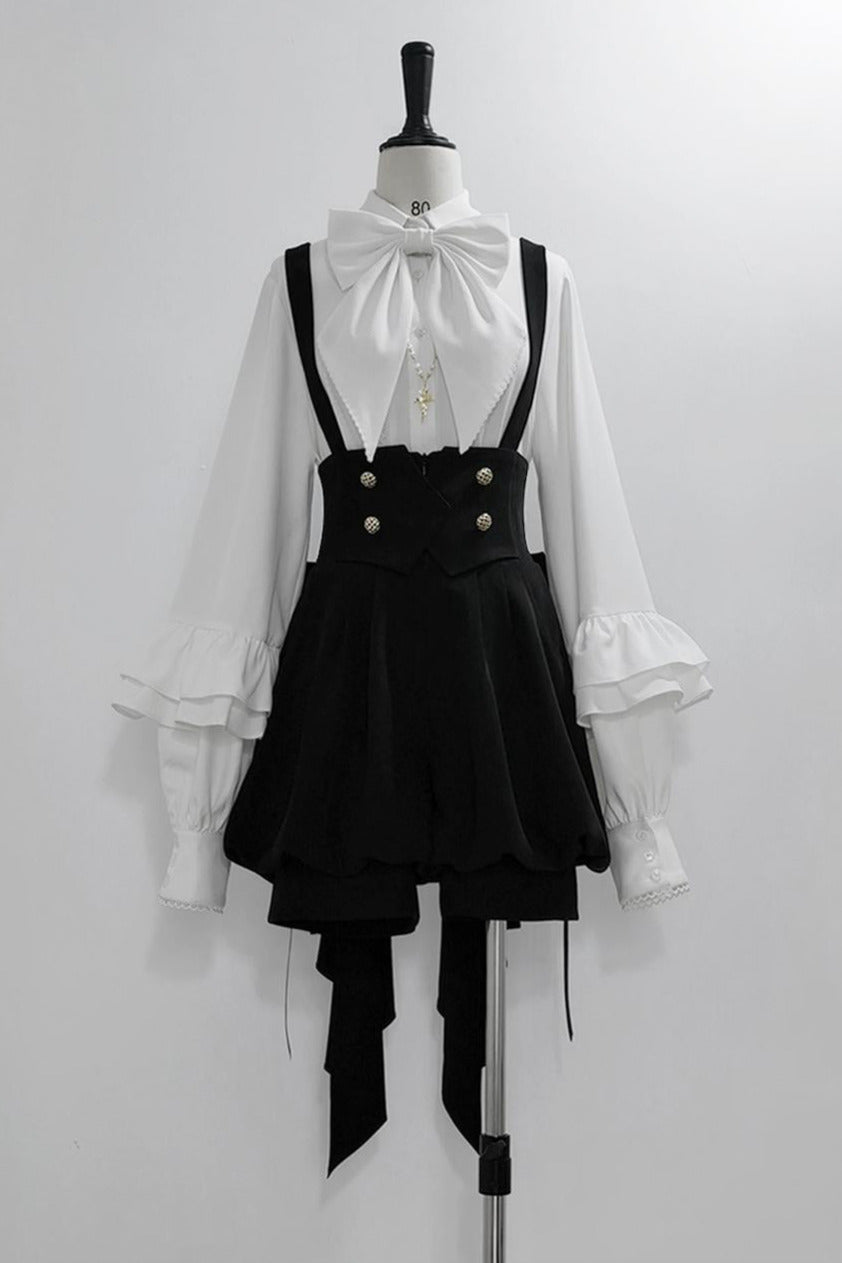 キュート+レトロショートパンツエレガントシャツリボンプリンス予約テールダーク