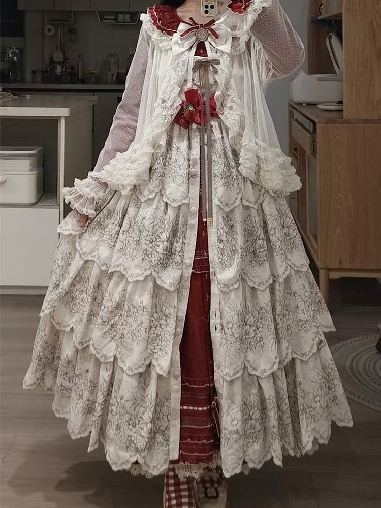 White Classic Scallop Trim Skirt Lolita Print Embroidered Layered Floral Jumper with
