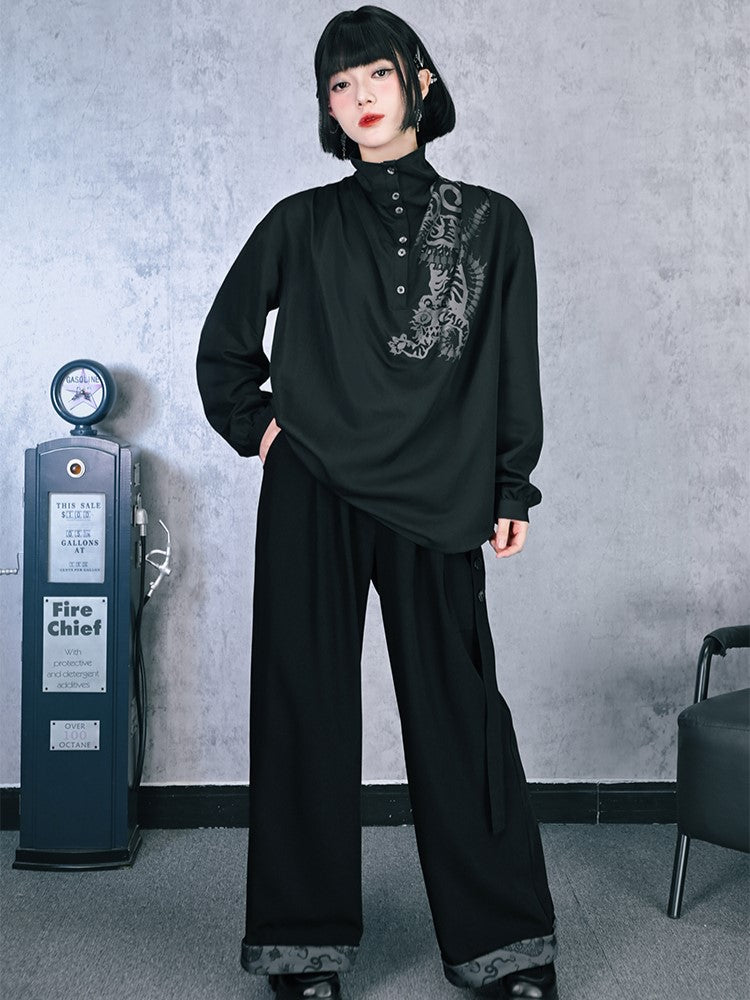 Gothic Print Wide-Leg Flowing Cheongsam with Tie Details Pants Five-Poison Cuffed Black