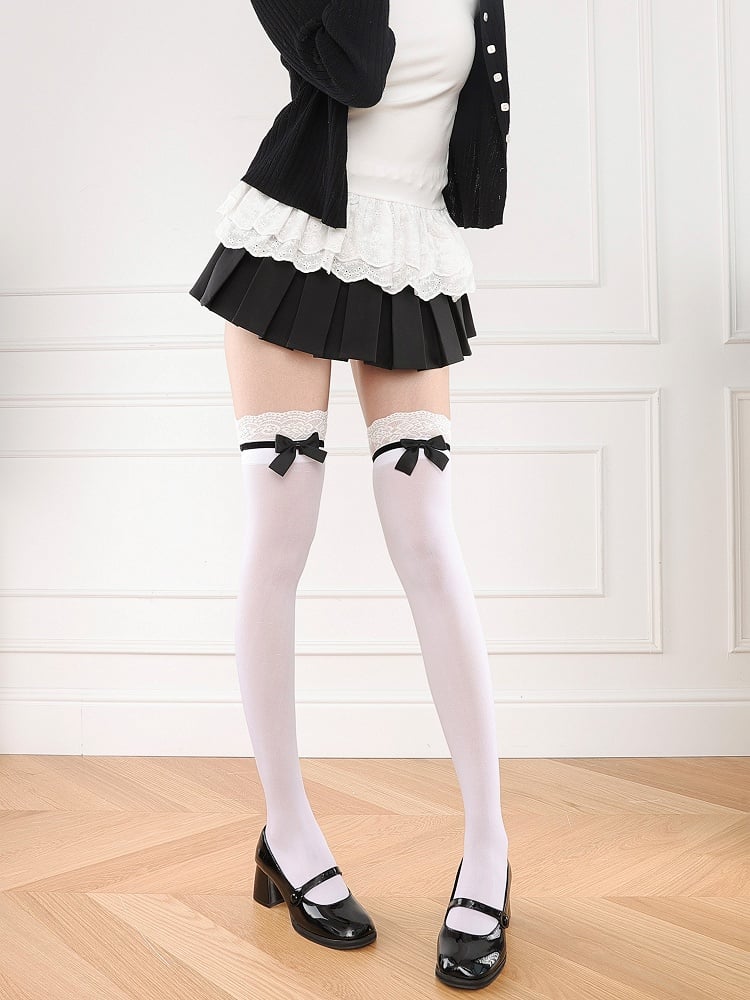 Lace with Cuffs White/Black/Grey Knee Over Decoration Bow Stockings 54CM