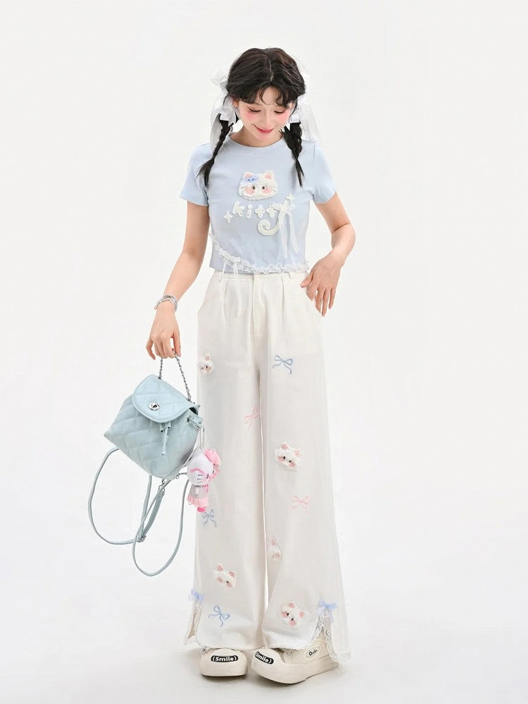 ロング/ショート ラウンドネック プラッシュバージョン ブルー Tシャツ 猫アップリケ