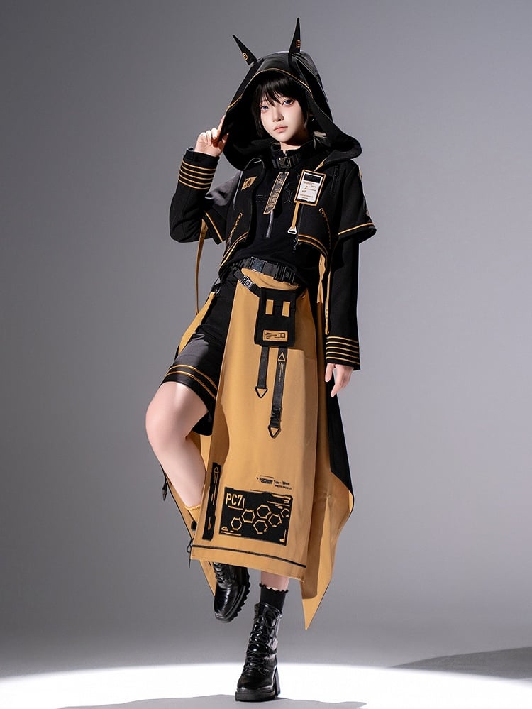 Cyberpunk Ouji Tech-Wear Black & Yellow Hooded Cropped Coat, Size S - Princess Chronicles