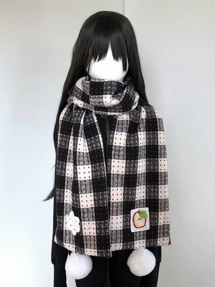 Plaid Kawaii Scarf with White Pom-Pom Trim - freetrader