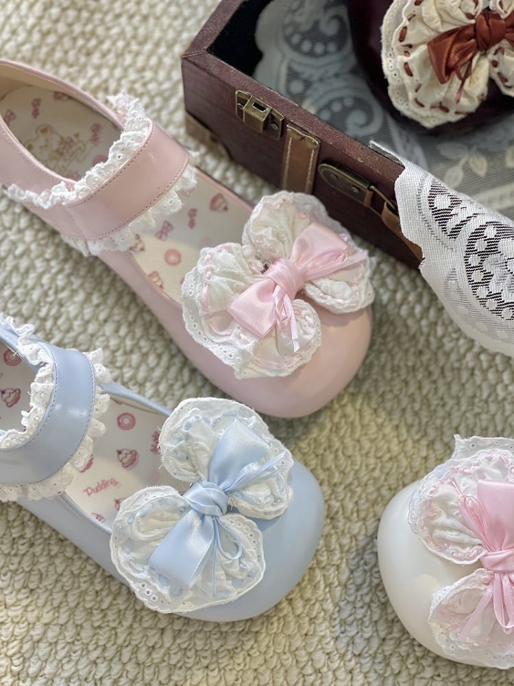 Round Sweet Accent Trim Toe with Heels Low/Mid Lolita - Pink Detachable Bow Lace
