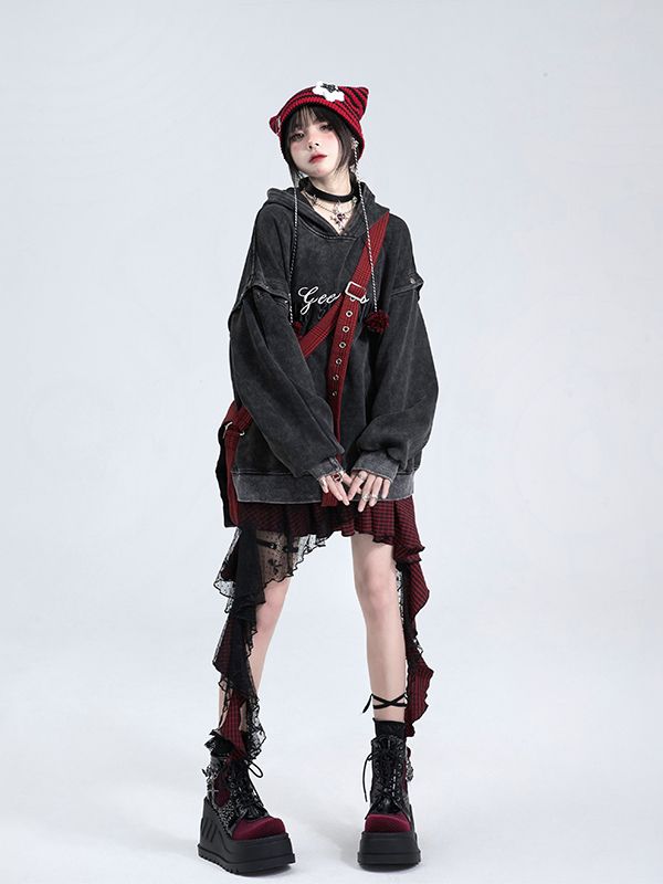 Mesh Cascading Red with Black Festival Overlay Skirt Music Outfits Plaid Ruffles