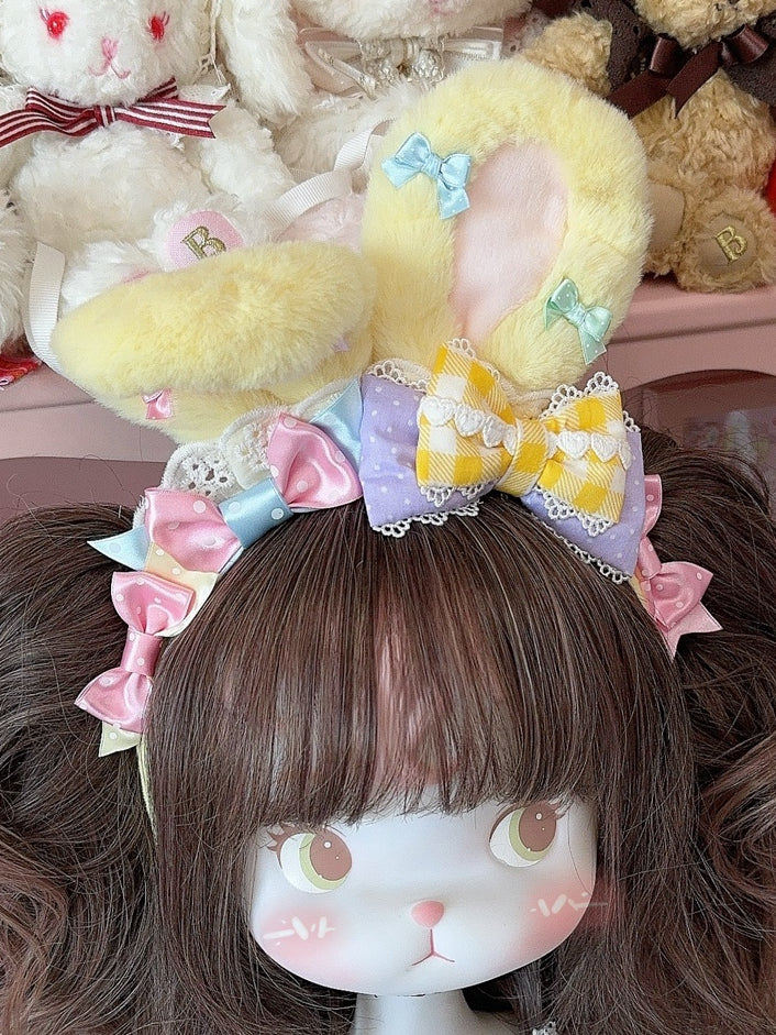 Bunny Plaid And Version Plush Thicken Pattern Yellow/BluePink Bowknot Details Ear Polka-dot KC