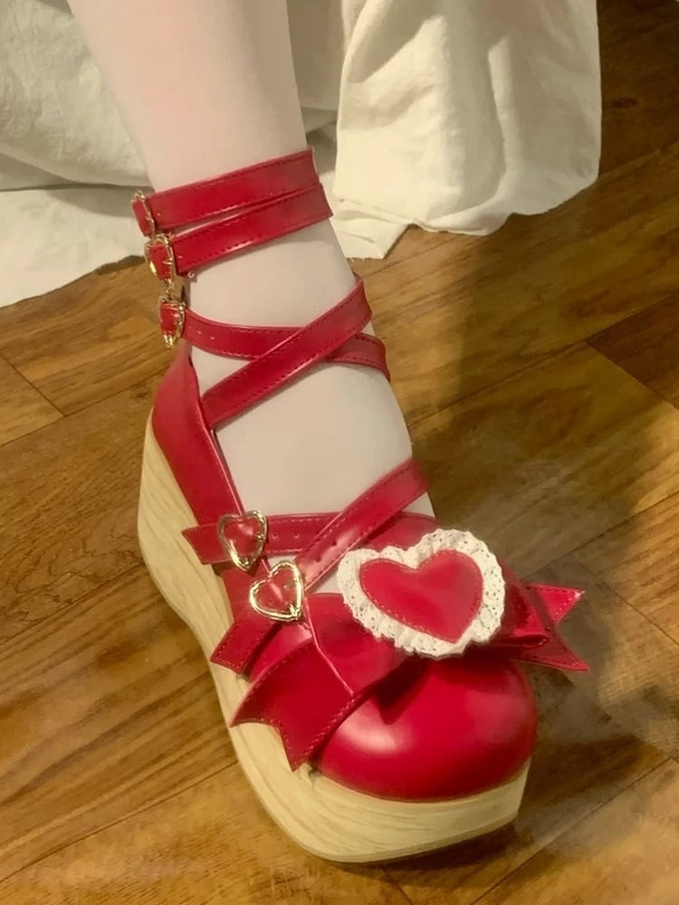 - Bow Red Sole Round Pattern Janes Toe Detachable 6.5cm Shoes Heart with Mary Platform Wood