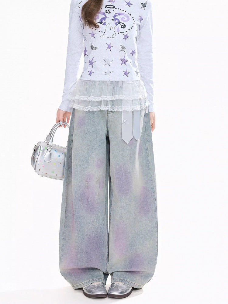Purple Spray Print Wide-Leg Jeans - Rayohopp