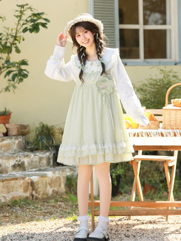 Green and White Plaid Ruffle Hem Overalls Mori Kei Dress