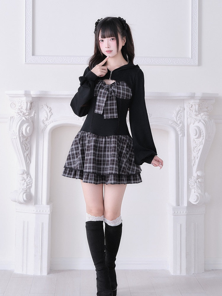 Black Dress Sleeve With Kei Design Plaid Long Jirai Hooded