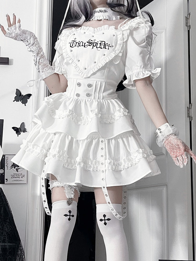 White Dress Heart Patch Gothic Layered Puff Sleeve with Skirt Short Ruffle