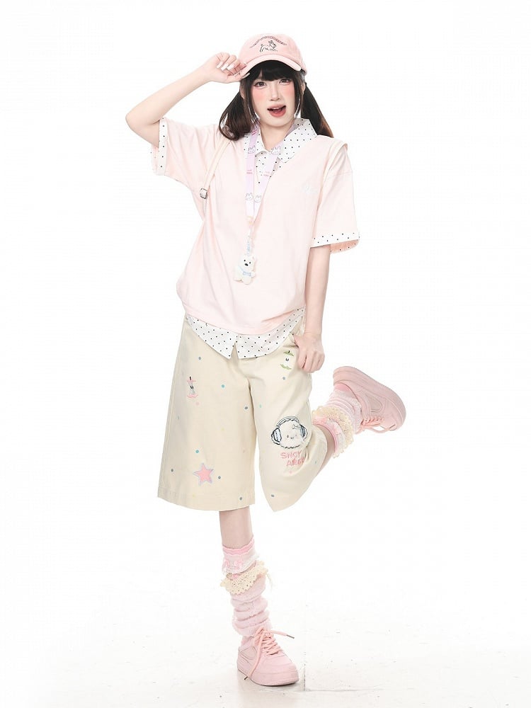 Apricot Polka Dot Cropped Wide Pants with Puppy Embroidery - Languid Park