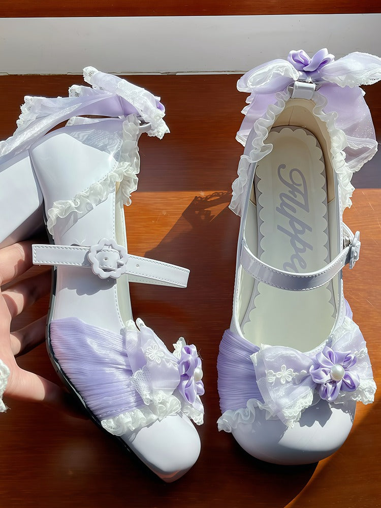 Purple Sweet Lolita Shoes with Cherry Flower Theme and Back Bow - XIN MENG