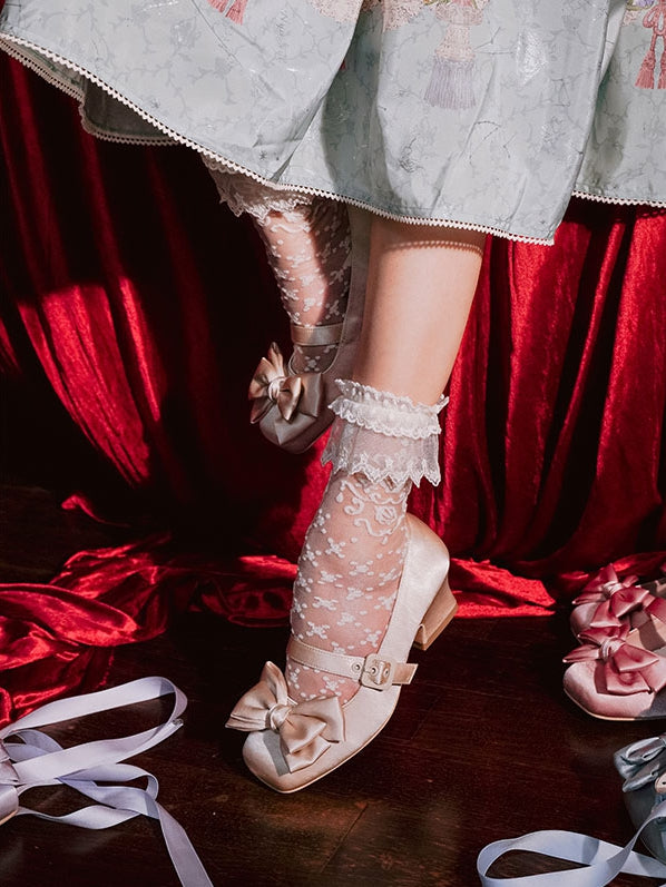 Toe - Ankle Square Top Janes Bow Mary Lolitacore Satin at Lace-up Beige