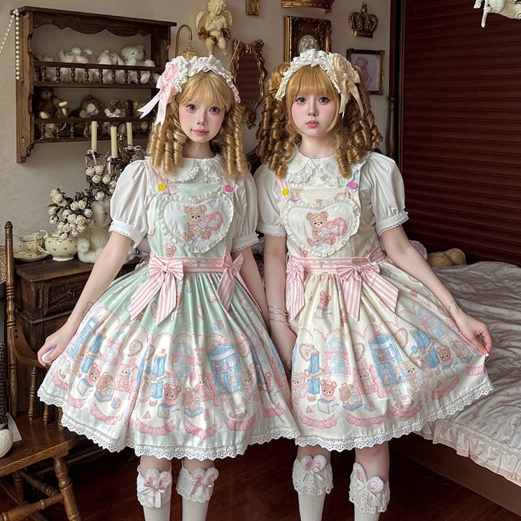 Kleid Grün Teddy Spielzeug Overall Süß und Plüsch Print Lolita Bunny