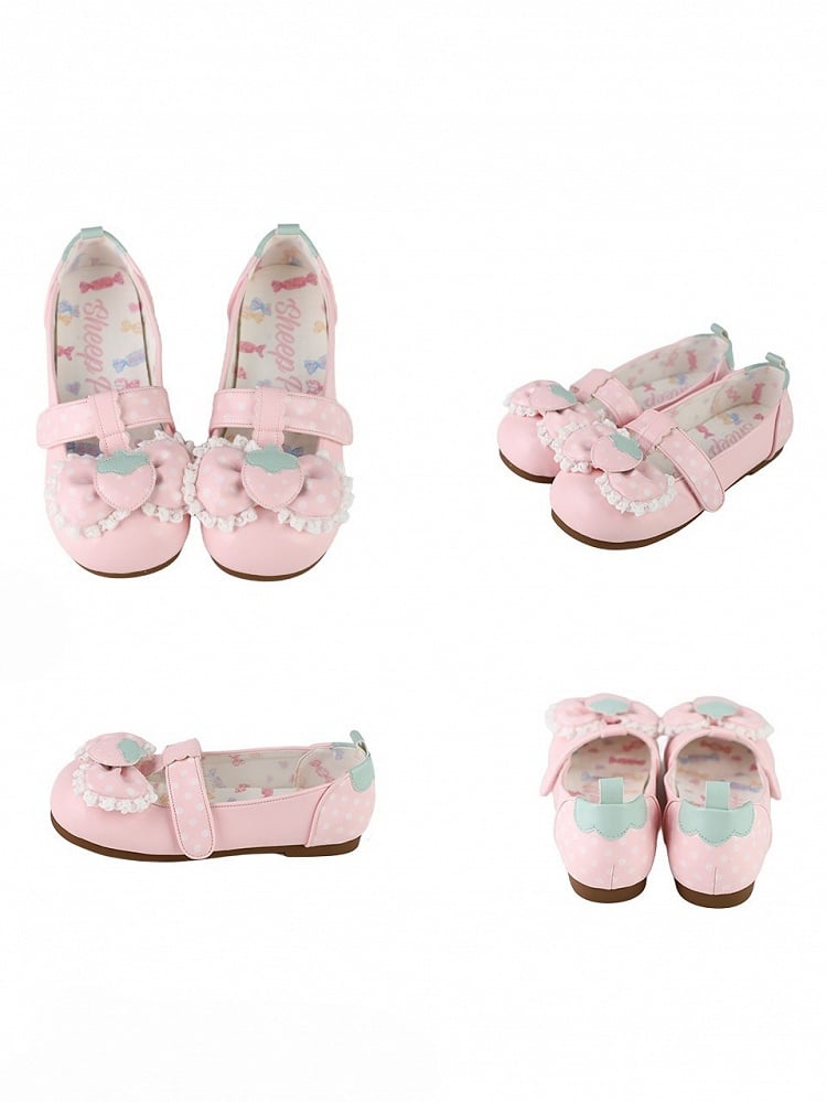 Leather Flat Strap Shoes - Lolita Closures PU T-Velcro Pink