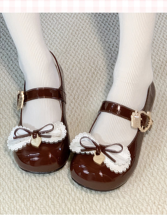 Mehrschichtiges Braun - Süße Charm-Schuhe mit niedrigem Absatz und Herzform in Cake Lolita-Schnalle und Schleife