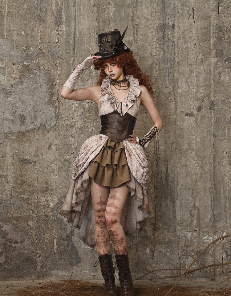 Braunes ärmelloses Top mit Korsett-Taille und Volant-Ausschnitt