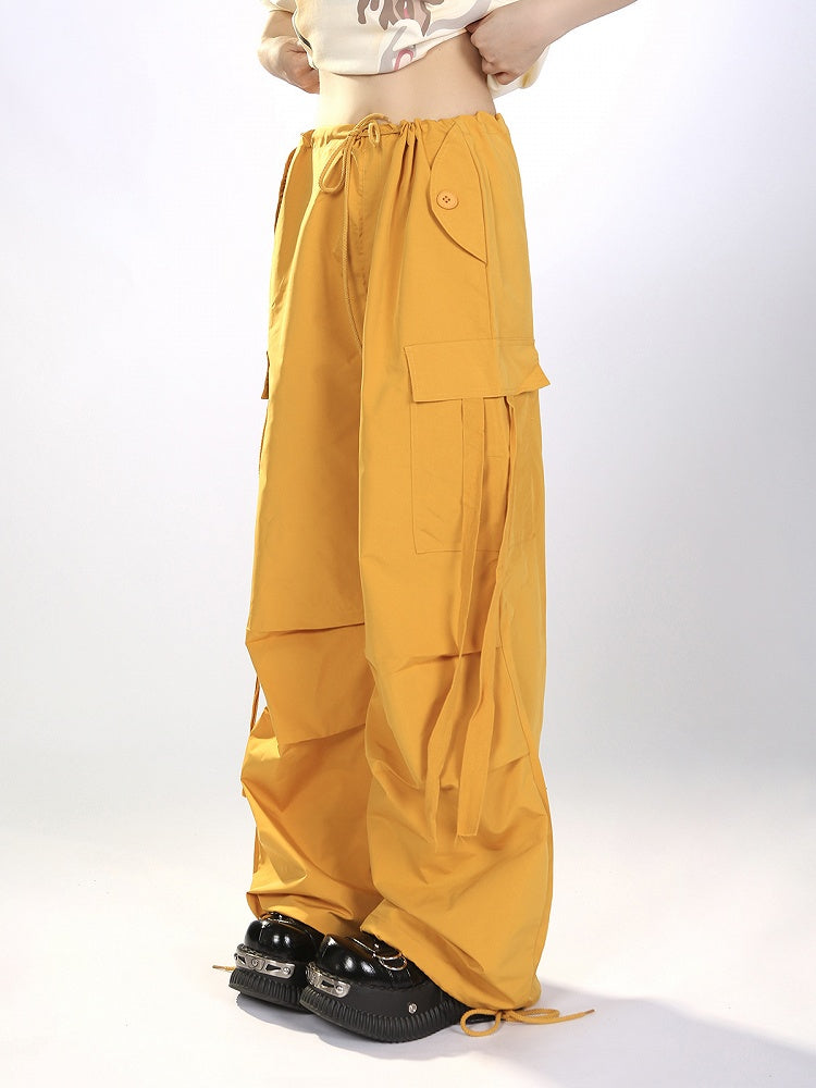 Yellow Cargo Wide-Leg Pants with Drawstring Accents Mustard