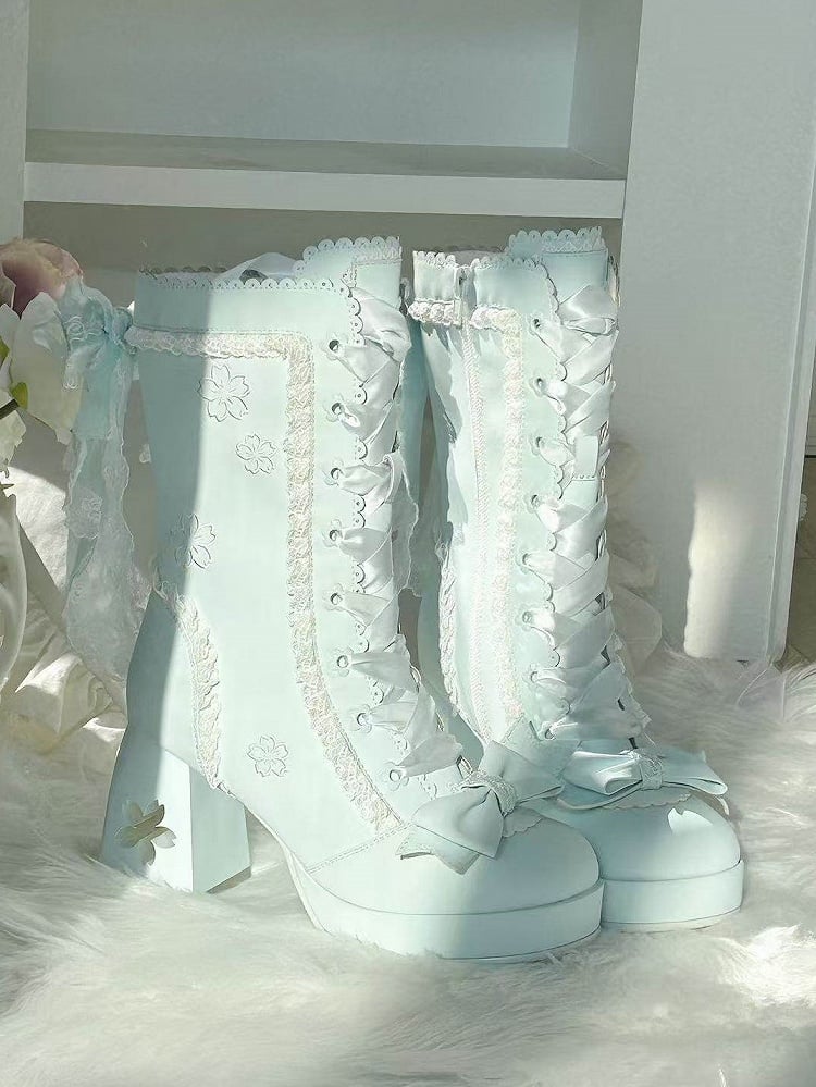 Lolita Lace Bow with Sweet Boots Heeled 8cm Details Blue Trim
