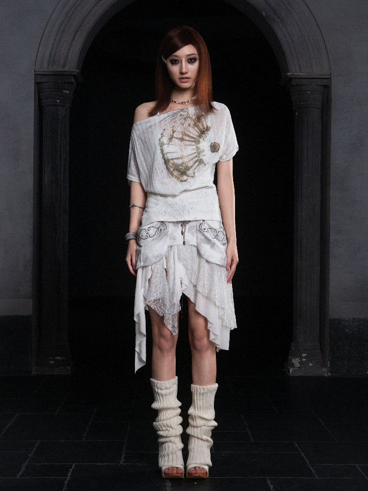 Off-Shoulder Top Punk White Semi-Sheer with Prints