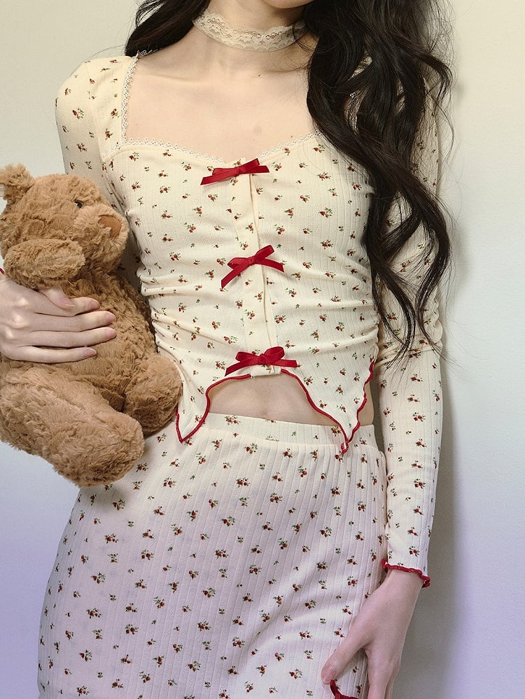 アプリコット花柄ハイウエストミニスカート