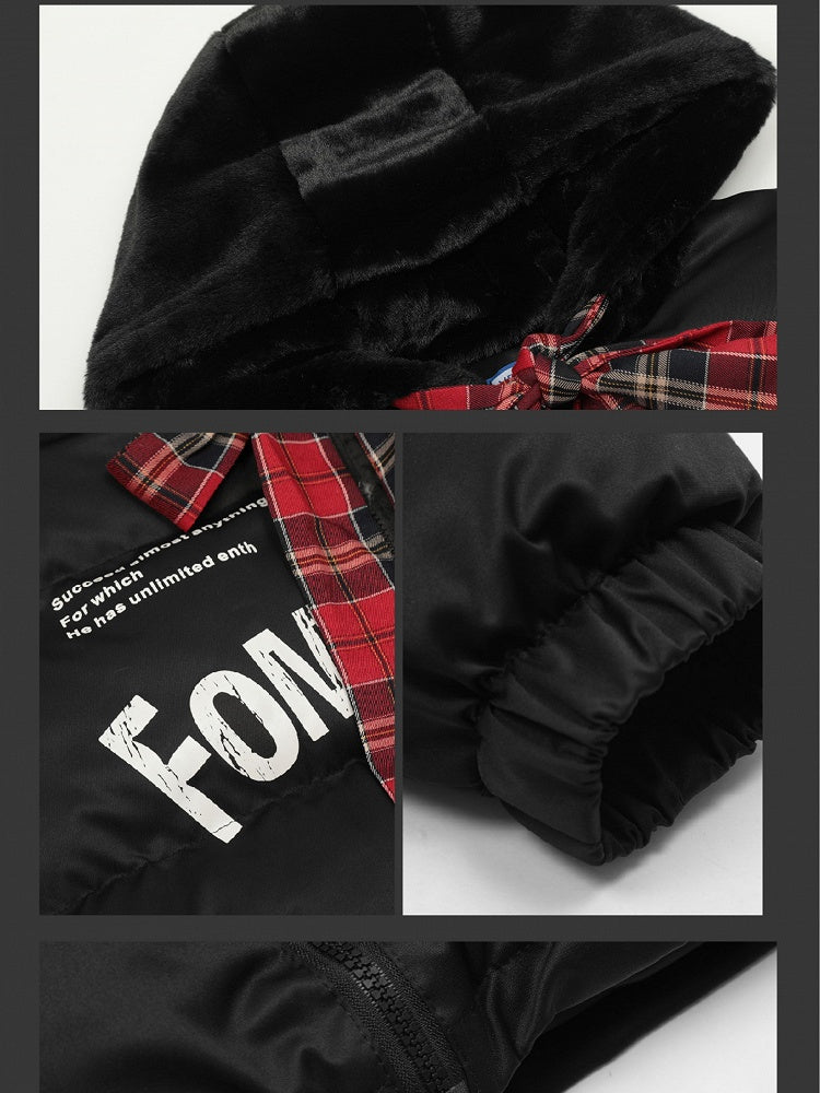 Schwarze/weiße Jacke mit Buchstaben-Print und selbstbindender Schleife und Kapuze