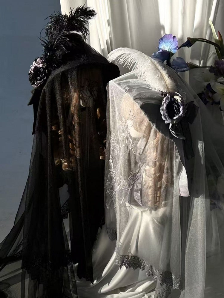 Accent Flower Lolita Hairclip Black/Gray/Brown and Bow Feather with